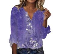 Angxiwan Plus Size Blouses for Women Summer Women's Tops Seven Split Sleeve Vintage Floral Shirt Big Size Ruffle Sleeve V Neck T Shirt Fashion Shirt Summer Top for Women UK