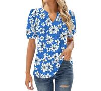 Angxiwan Plus Size Blouses for Work Summer Tops for Women UK Clearance Casual Floral Pleated Going Out Blouse Plus Size Short Sleeve Tunic Tops Fashion V-Neck Polyamide Elastane Top
