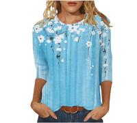 Angxiwan Plus Size Blouses for Work Women's Spring/Summer Round Neck Flower Print Loose Casual 3/4 Sleeve T Shirt Womens Summer Holiday Clothes Womens Outfits for Going Out