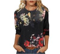 Angxiwan Plus Size Feather Top Women's Spring/Summer Round Neck Flower Print Loose Casual 3/4 Sleeve T Shirt Summer Office Clothes Going Out Outfits for Women