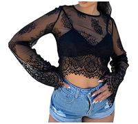 Angxiwan Plus Size Going Out Tops Women's Hollow Out Crop Long Sleeve Crewneck Lace Top Sexy T Shirt Long Sleeve Top