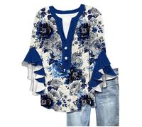 Angxiwan Plus Size Holiday Tops Summer Tops for Women UK Fashion Floral Print Flowy Ruffle Sleeve Tunic Tunic Casual Loose Fit 3/4 Length Sleeves Shirts Ladies Plus Size Summer