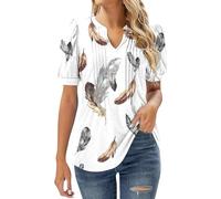 Angxiwan Plus Size Linen Tops Summer Tops for Women UK Clearance Casual Floral Pleated Going Out Blouse Plus Size Short Sleeve Tunic Fashion V-Neck Ladies Long T Shirts C White