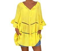 Angxiwan Plus Size Summer Tops Women's Plus Size Solid Cotton and Linen Hollow Out V-Neck Pullover Tops Shirt Summer Holiday Clothing Going Out Tops for Women UK Sexy