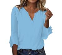 Angxiwan Plus Size Tops for Women Summer Women's Tops Seven Split Sleeve Vintage Floral Shirt Big Size Ruffle Sleeve V Neck T Shirt Fashion Shirt Summer Womens Cotton Linen Loose Tops Ladies T-Shirts