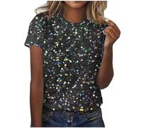 Angxiwan Plus Size Tops for Women Women's Short Sleeve Sequin Print Fashionable Round Neck Casual T Shirt Neon Clothes for Women Basic Tops Women Skims