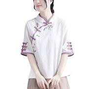 Angxiwan Plus Size Tops for Women Women's Spring/Summer Embroidered Tang Dress Half Sleeved Chinese Zen Tea Dress Chinese Cotton Pan Button Qipao Top Linen Shirt Women Oversized White