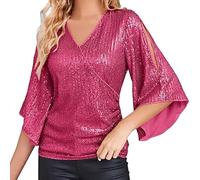 Angxiwan Prime Deals of The Day Oversized Tshirt Women Sequin Tops 3/4 Sleeve Glitter Sparkly Party Blouse V Neck Dressy Tops for Evening Party Plus Best Boxing Day Sales Hot Pink
