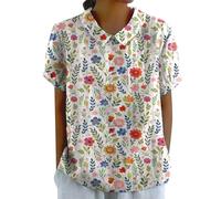 Angxiwan Prime Deals Today 2024 Oversize T Shirts for Women UK Women's Summer Doll Neck Flower Print Loose Casual Top Plus Size Linen Tops Silk Button Wearhouses Clearance Red