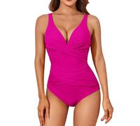 Angxiwan Sale Clearance Outlet Clearance UK One Piece Swimming Costume Women Tummy Control Slimming Swimwear Casual Front Cross V Neck Bathing Suits Adjustable Strap Plus Size Tankini Swimsuits