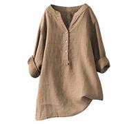 Angxiwan Sales Today Clearance Cheap Stuff Under 50P Linen Tops for Women UK Women's Solid Color Stand up Collar Button Cotton Long Sleeved Shirt Blouse Khaki