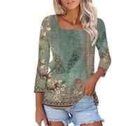 Angxiwan Sales Today Clearance Going Out Tops for Women UK Women's Fashion Casual Floral Print Square Neck Three Quarter Sleeve Top T Shirt Going Out Clearance Track My Order Delivery Due Today Green