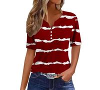 Angxiwan Sales Today Clearance Oversized T Shirt Women Women's Fashion Casual Striped Button Short Sleeve Top T Shirt Plus Size Womens Day Red