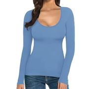 Angxiwan Sales Today Clearance Oversized T Shirt Women Women's T Shirt Solid Color Low U Neck Slim Bottom Long Sleeved Top Women's Going Out Tops Clearance Todays Blue