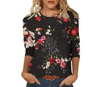 Angxiwan Sales Today Clearance Plus Size Blouses for Work Women's Spring/Summer Round Neck Flower Print Loose Casual 3/4 Sleeve T Shirt Items Under 1 Pound Useful Items Under 2 Pounds Dark Gray