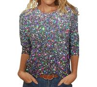 Angxiwan Sales Today Clearance Thermal Tops Womens Plus Size Women's Sequin T Shirt Design Three Sleeved Round Neck Fashion Top New Women's for Women Sky Blue