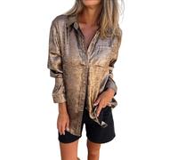 Angxiwan Sales Today Clearance Tshirts Women UK Oversized Women's Satin Silk Blouse Lapel V Neck Long Sleeve Casual Work Blouse Shirts Pullover Tops Early Gold