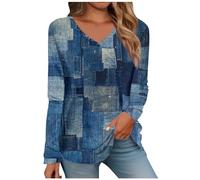 Angxiwan Sales Today Clearance Tunic Sweatshirt for Women Women's Long Sleeved V Neck Floral and Plant Printed Casual Fashion T Shirt Top Prime Deals Today 2024 Dark Blue