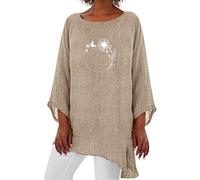 Angxiwan Sales Today Clearance Womens Shirts and Blouses Women Casual Solid Color Round Neck Butterfly Print Three Quarter Sleeve Cotton Round Neck Clearance Deals of The Day Sale Khaki