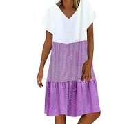 Angxiwan Same Day delivery Summer Dresses for Women UK Plus Size Short Sleeve Midi Dress Fashion Three-Color Stitching Sundress Casual Loose Fit V-Neck Try Before You Buy Womens Dresses A Purple