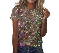 Angxiwan Sports Tops for Women UK Women's Short Sleeve Sequin Print Fashionable Round Neck Casual T Shirt Rainbow T Shirts for Women Cheesecloth Shirts for Women UK