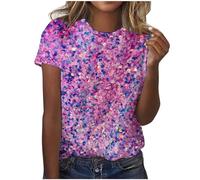 Angxiwan Sports Tops for Women UK Women's Short Sleeve Sequin Print Fashionable Round Neck Casual T Shirt Rainbow T Shirts for Women Cheesecloth Shirts for Women UK