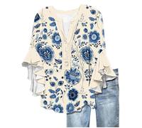 Angxiwan Summer Blouses for Women Summer Tops for Women UK Fashion Floral Print Flowy Ruffle Sleeve Tunic Tunic Tops Casual Loose Fit 3/4 Length Sleeves Shirts Klass