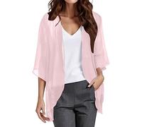 Angxiwan Summer Cardigans for Women UK Fashion 3/4 Batwing Sleeve Open Front Chiffon Kimono Cardigans Lightweight Casual Loose Drape Waterfall Cardigan Ladies Baggy Going Out Beach Jacket A Pink