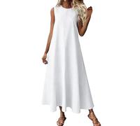 Angxiwan Summer Dresses for Women Over 50 UK Summer Dresses for Women UK Plus Size Sleeveless A-Line Maxi Dress Casual Solid Color Loose Fit Beach Sundress Ladies Crewneck Beach Clothes B White