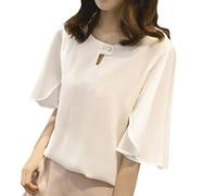Angxiwan Summer Shirts for Plus Shirt Chiffon Women Solid Top Short-Sleeve Color Work Casual Women's Blouse (White, L)