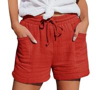 Angxiwan Summer Shorts for Women UK Linen Bermuda Shorts with Pockets Casual Solid Color Drawstring Hot Pants Lightweight Elastic Waist Short Trousers for Vacation Daily Beach