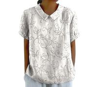 Angxiwan Summer Tops for Women UK 2024 Lightweight Art Floral Print Linen Tops Causal Baggy Lapel Crewneck T-Shirts Loose Fit Short Sleeve Blouse Ladies Summer Dressy Tee Shirt Tunic Tops