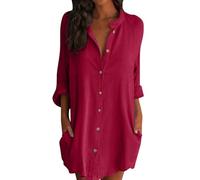 Angxiwan Summer Tops for Women UK Women's Solid Color Cotton and Linen Buttoned Mid Length Short Sleeved Loose Shirt Long Blouses for Women UK Flowy Tops for Women Red