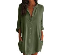Angxiwan Summer Tops for Women UK Women's Solid Color Cotton and Linen Buttoned Mid Length Short Sleeved Loose Shirt Long Blouses for Women UK Flowy Tops for Women Green