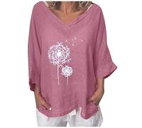 Angxiwan Summer Womens Cotton Linen Loose Tops V-Neck Lady Blouse Tunics Short Tee T-Shirt Women Sleeve Lady Tops Printed Women's Blouse