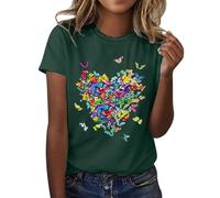 Angxiwan Summer Womens Cotton Linen Loose Tops Women's Love Butterfly Printed Shirt Short Sleeve Round Neck T Shirt Fashion Top Lightweight Soft Casual Summer Clothing Clothes