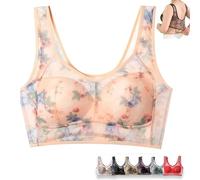 Angxiwan Super Comfort Bra for Women UK Lightweight Breathable Flower Print Lace Wireless Bras Casual Wide Strap Full Coverage up Bralette Seamless Padded High Impact Underwear Activewear Bras
