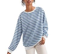 Angxiwan Sweatshirts for Women UK Women Casual Wide Crew Neck Loose Stripe Printing Sweatshirt Casual Pullover Top Sweatshirts for Women (Blue, XL)