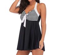 Angxiwan Swimming Costume for Women UK 2 Piece Plus Size Tankini Swimsuits Sleeveless V Neck Open Back Swim Mini Dress with Boyshort Ladies Tummy Control Bathing Suit Summer Swimwear A-Black