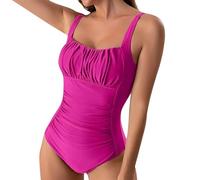 Angxiwan Swimming Costume for Women UK One Piece Ruched Tummy Control Swimsuit Adjustable Strap Bathing Suit Monokini Solid Color Padded Scoop Neck Swimwear Beachwear Hot Pink