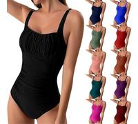 Angxiwan Swimming Costume for Women UK One Piece Ruched Tummy Control Swimsuit Adjustable Strap Bathing Suit Monokini Solid Color Padded Scoop Neck Swimwear Beachwear Black