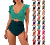 Angxiwan Swimming Costume for Women UK One Piece Tummy Control Modest Swimsuit Fashion Cutout Bathing Suit Ladies Ruffled Sleeveless V Neck Beachwear Swimwear
