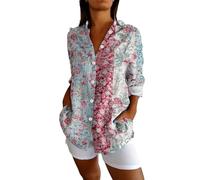 Angxiwan T Shirts for Women UK Plus Size Linen Shirt Women Oversized Long Sleeve Button Down T-Shirts Cardigans Fashion Artistic Print Tunic Tops Summer Casual Loose Warehouse Deals Clearance