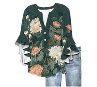 Angxiwan The Streetwear Studio Summer Tops for Women UK Fashion Floral Print Flowy Ruffle Sleeve Tunic Tunic Tops Casual Loose Fit 3/4 Length Sleeves Shirts Gym for Women UK Plus Size