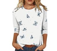 Angxiwan Today 2024 Cotton Tops for Women UK Plus Size Womens Casual Fashion Butterfly Printing O Neck Three Quarter Sleeve Tops one Pound Items Items White