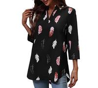 Angxiwan Today 2024 Ladies Plus Size T Shirts Women's V Neck Feather Print 3/4 Sleeve Loose Shirt Summer Ladies Cotton Summer 2024 Womens Clothes Prime Big Deals Black