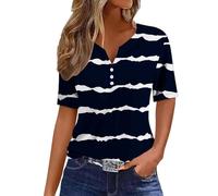 Angxiwan Today 2024 Oversized T Shirt Women Women's Fashion Casual Striped Button Short Sleeve Top T Shirt Plus Size Womens Tops Camping Deals Navy