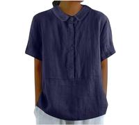 Angxiwan Today 2024 Pay Monthly Womens Summer Tops Linen Shirts for Women Short Sleeve Button Down up Shirt Casual Collared V Neck Tops Shirts Blouses Trendy Summer Tops Navy