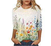 Angxiwan Today 2024 Tshirts Women UK Plus Size Womens Summer Casual Tops Three Quarter Sleeve Crew Neck Vintage Print Graphic Items Under 50P Less Than 1 Pound Items White