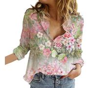 Angxiwan Today on Clearance Items Under 10 Pounds Personalised T Shirt Flower Print Button Down Long Sleeve Shirt for Women Casual Floral V Neck Graphic Blouses Tops Pink